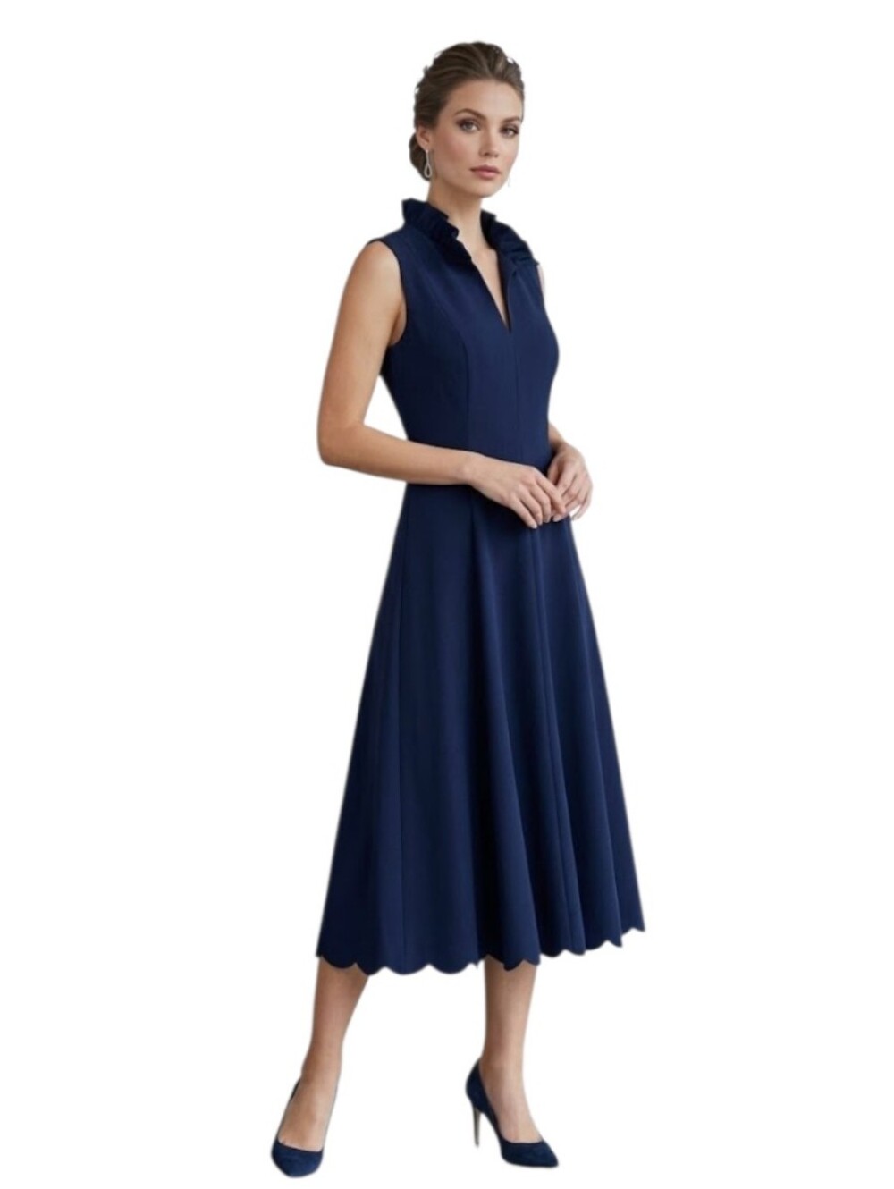 Calvin Klein Navy Sleeveless Midi Dress with Ruffle Neck Size 12